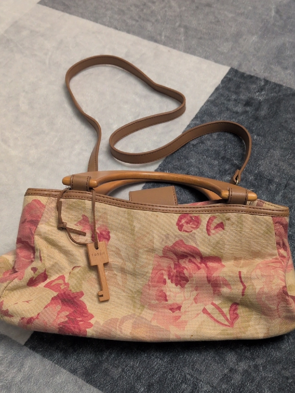 Fossil Floral Canvas Shoulder Bag in Pink and Tan